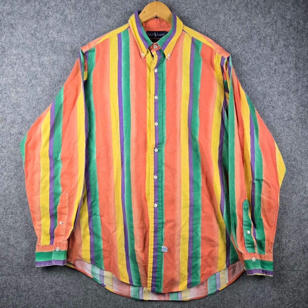 Vtg Ralph Lauren Button Down Shirt Mens XL Pastel Colorblock Striped Disco 90s